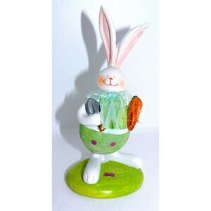 Resin Easter Rabbit Bunny Figurine with Carrot & Bow Tie Decoration Spring Decor